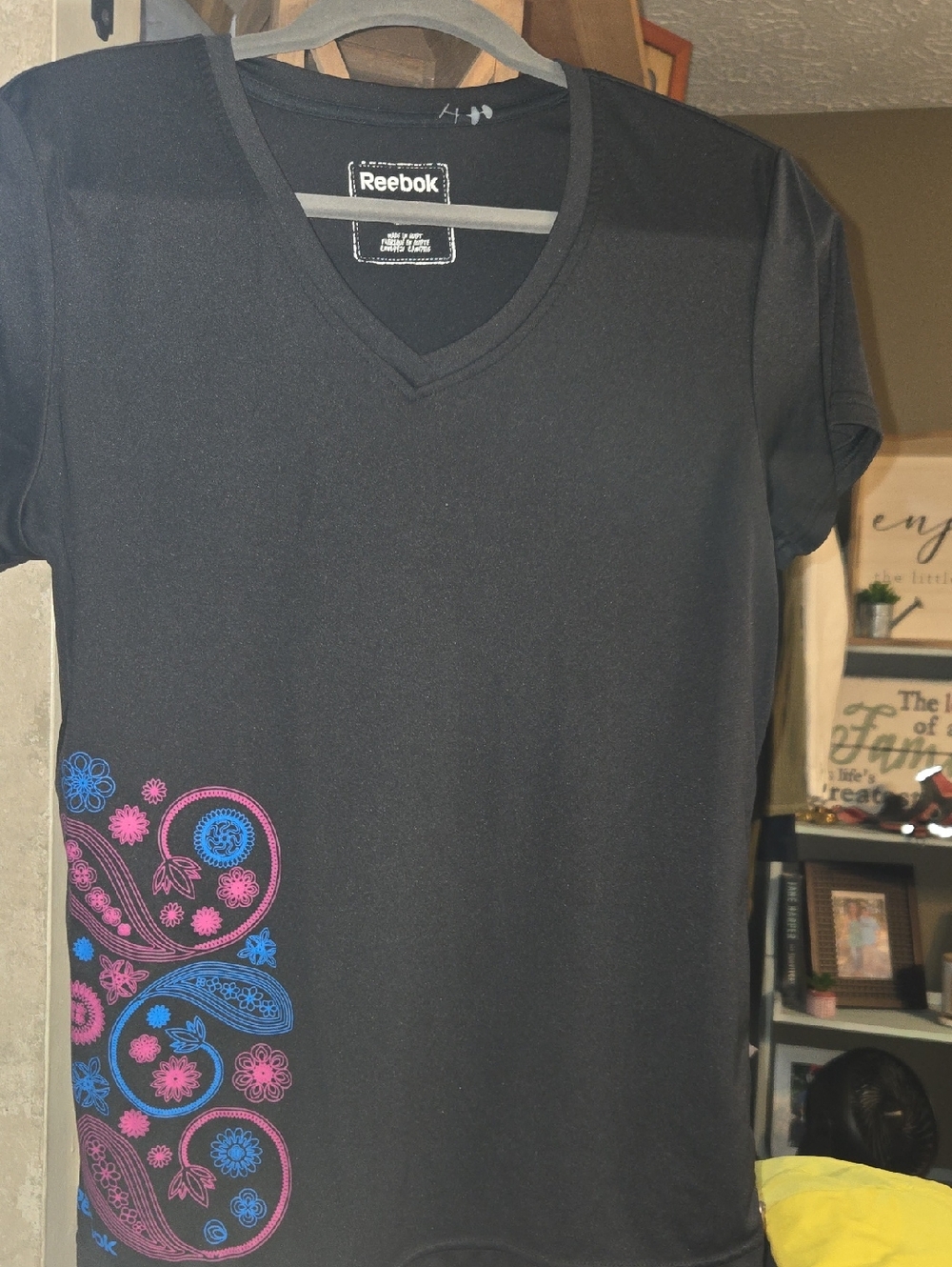 Reebok Black V-Neck Tee with Pink & Blue Paisley Side Print